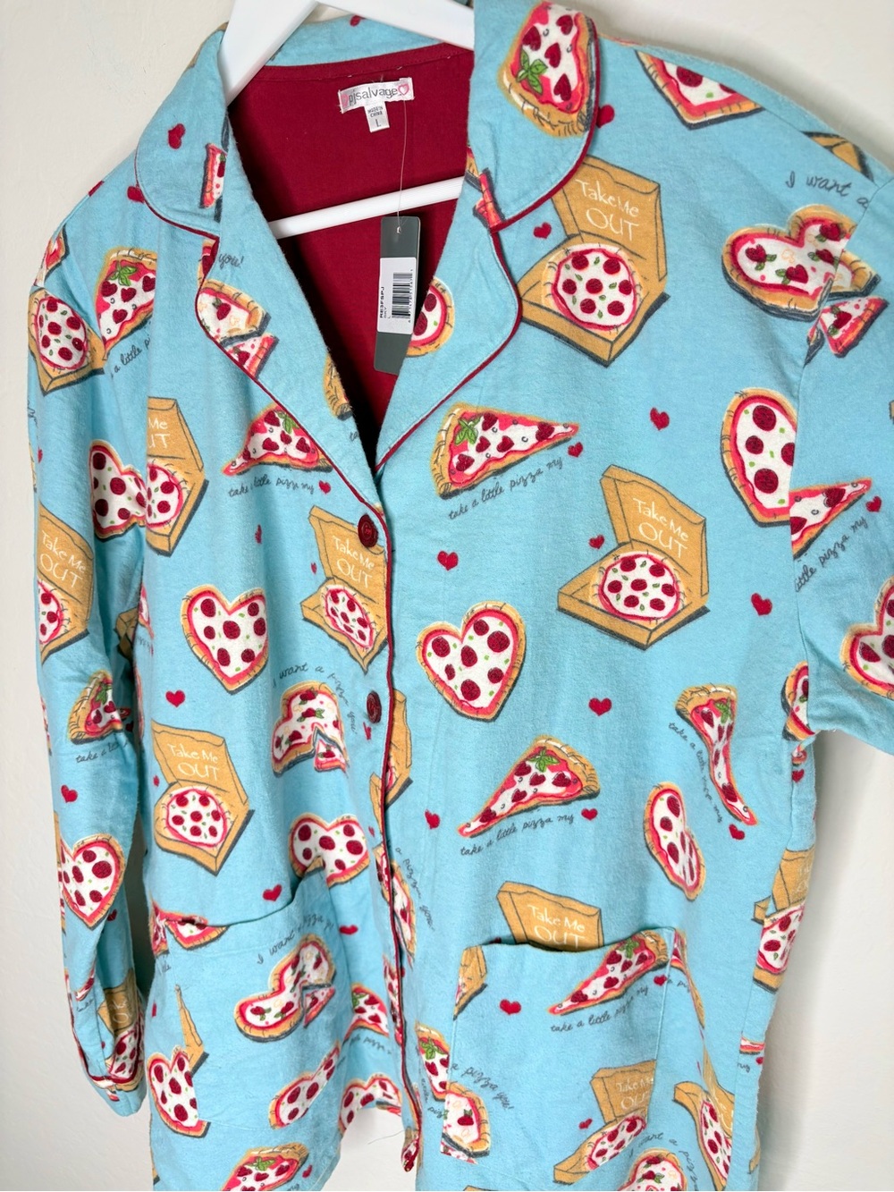 PJ Salvage Pizza Lover Flannel Pajama Set NWT Women’s Large Cotton Blue - Picture 3 of 15